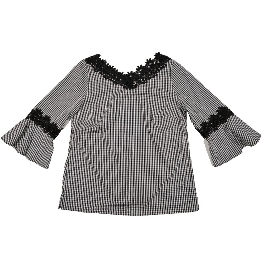 Chico’s Black White Gingham Lace Trim Bell Sleeve Blouse Size 1